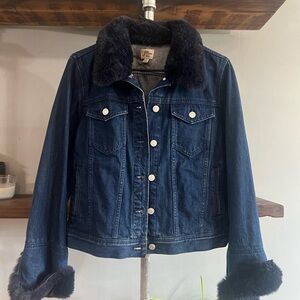 J. Crew Dark Blue Jean Jacket with Black Faux Fur